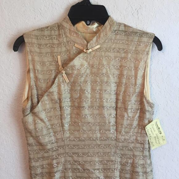 Vintage M Asian Cream maxi dress stripes & swirls metallic formal dress - Picture 2 of 6